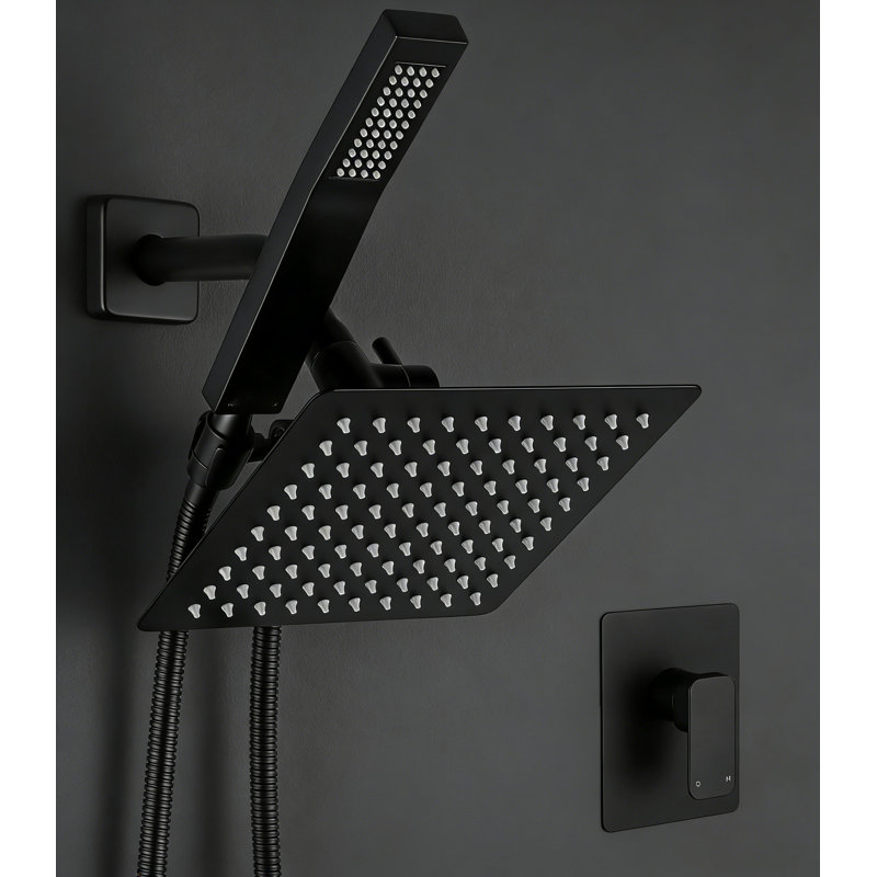 All Metal Shower Faucet Set, Square Shower Head， Handheld Shower Head，Hose, Black