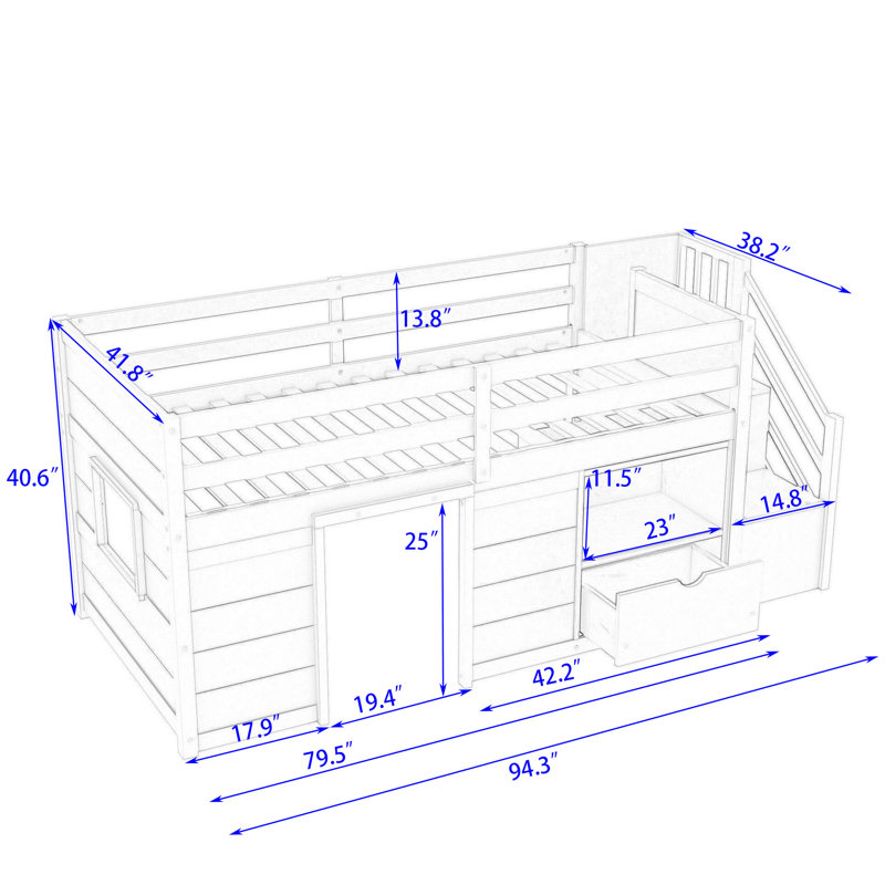 Lit mezzanine simple en bois avec 1 tiroir Jakaleb, gris