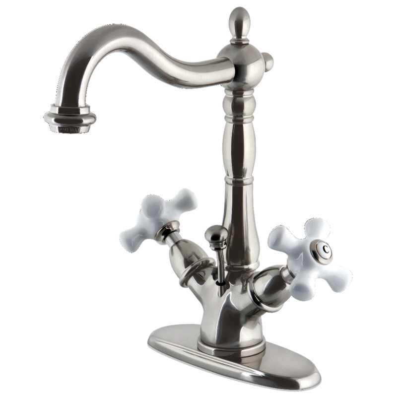 Kingston Brass Heritage Two-Handle 1-or-3 Hole Deck Mount Bathroom Faucet with Brass Pop-Up, Brushed Nickel