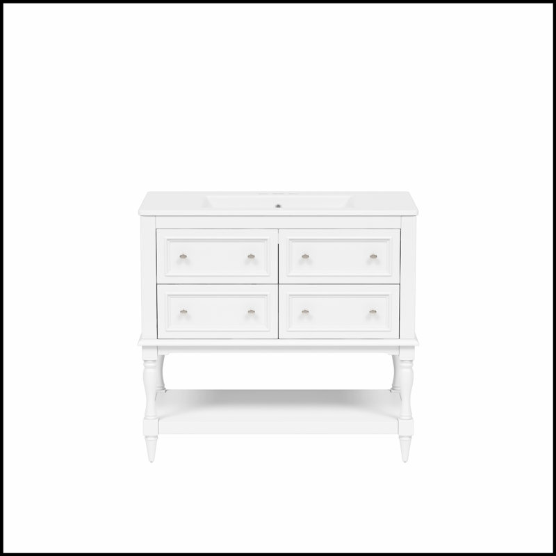 Armoire de meuble-lavabo 36 po avec lavabo encastré en céramique, 4 tiroirs et structure en bois massif pour salle de bain moderne