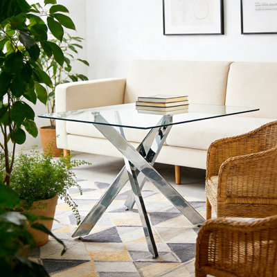 Table de salle à manger carrée, table en verre 90 x 90 x 75 cm, pieds chromés, plateau de table en verre