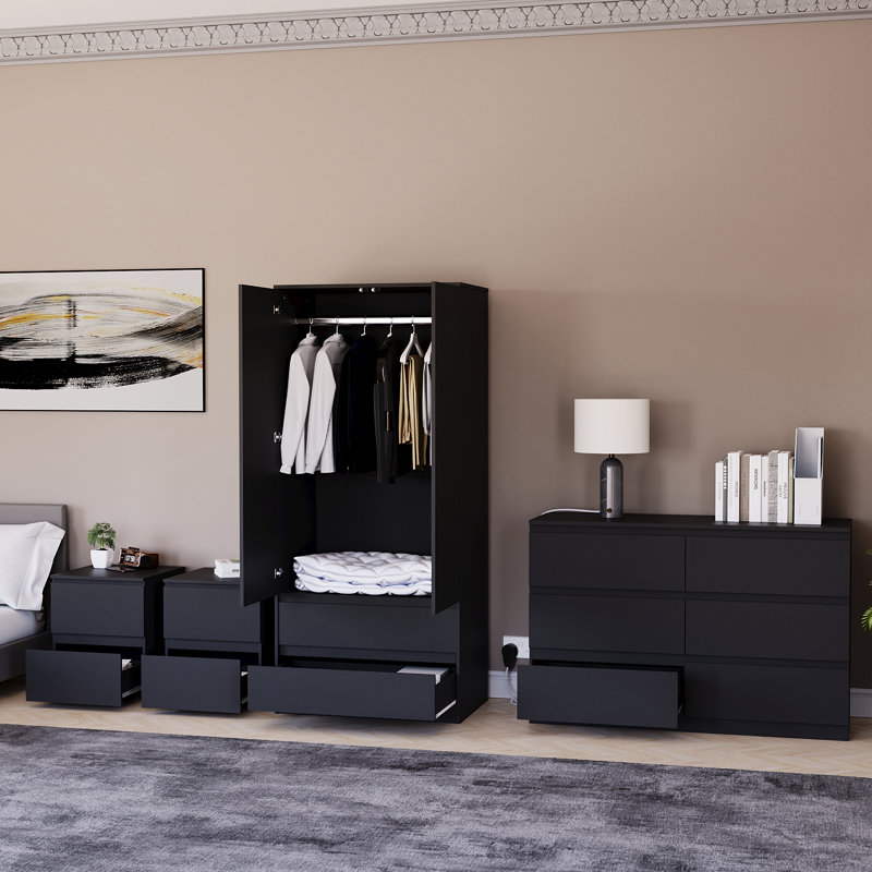 Tanino 4 Piece Bedroom Set (2 Drawer Large Bedside Chest X2, 6 Drawer Chest, 2 Door 2 Drawer Wardrobe), Black