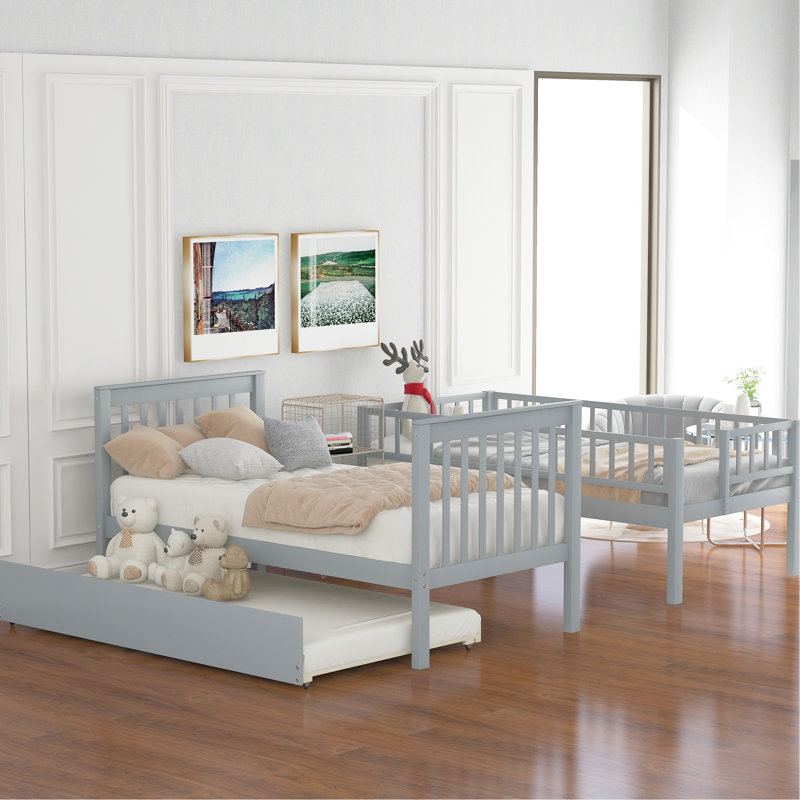 Lit superposé simple gris sur lit superposé, lit gigogne disponible, 4 compartiments de rangement latéraux inclus, tablettes sur