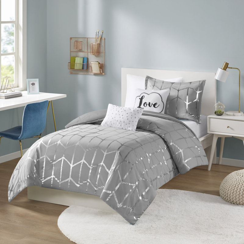 Ensemble d'édredon à imprimé métallique Raina, Édredon simple / simple TG, 1 taie décorative et, Gris / argenté