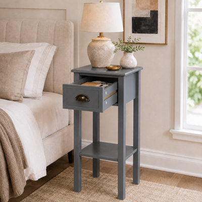 Cottage Inspired Style with Cup Pull Drawer and Elevated Shelf Slim End Table for Bedroom Living Room Reading Nook and Hallway
