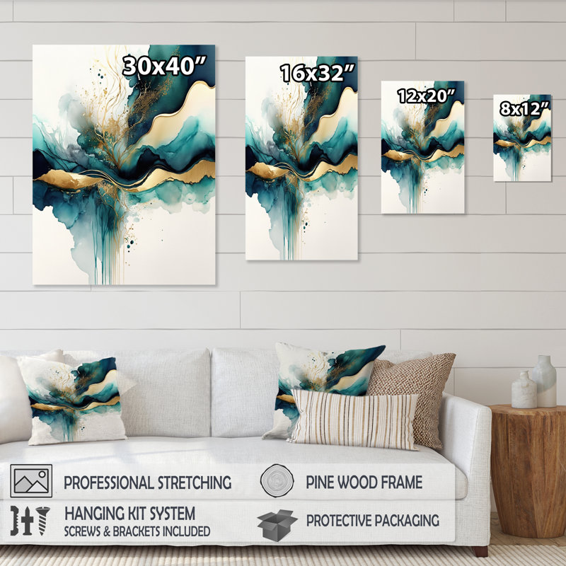 «Teal and Gold Abstract Expression III», art mural moderne sur toile, H 32 po x l 24 po, Toile tendue, Sans cadre