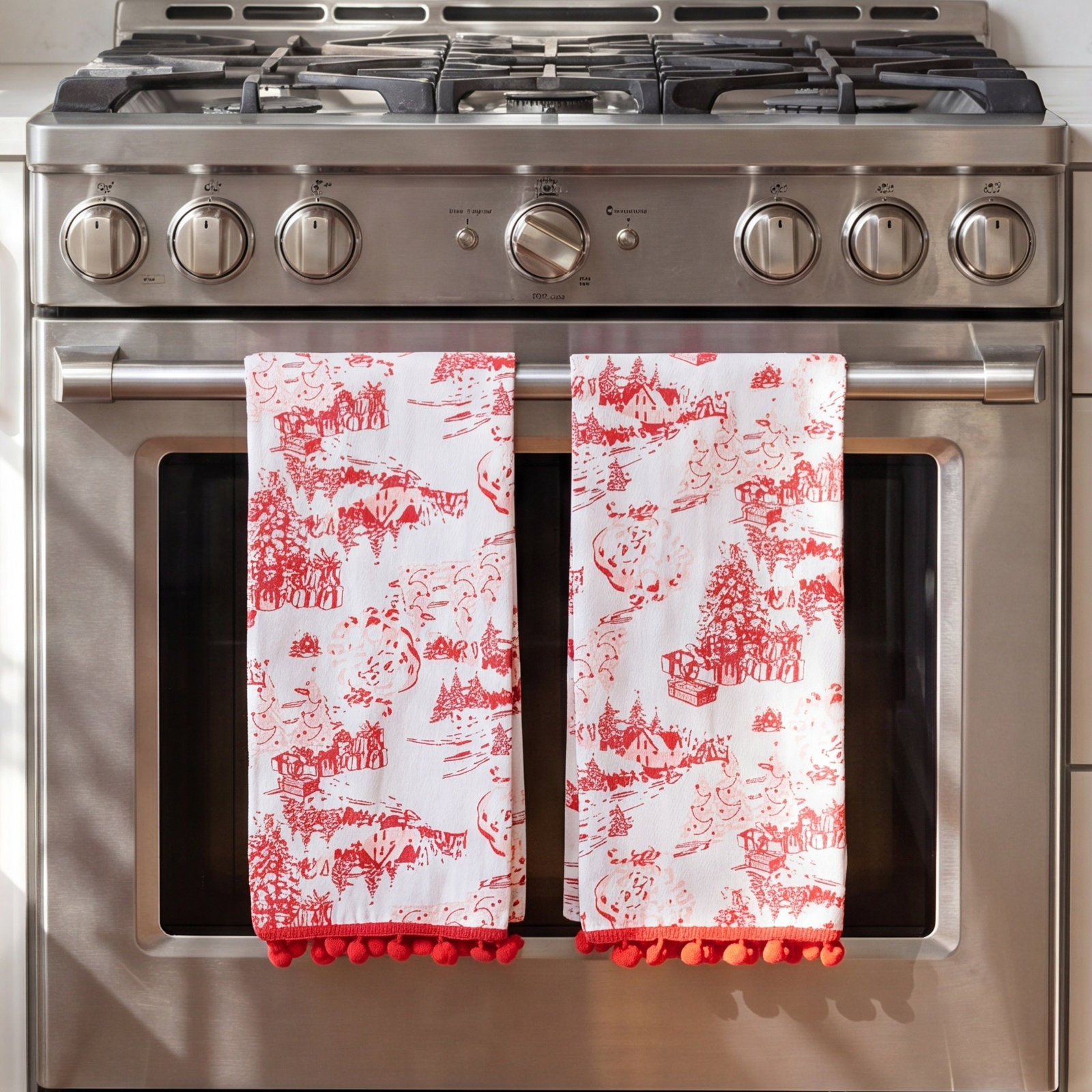 Santa Toile Pom Pom Kitchen Towel