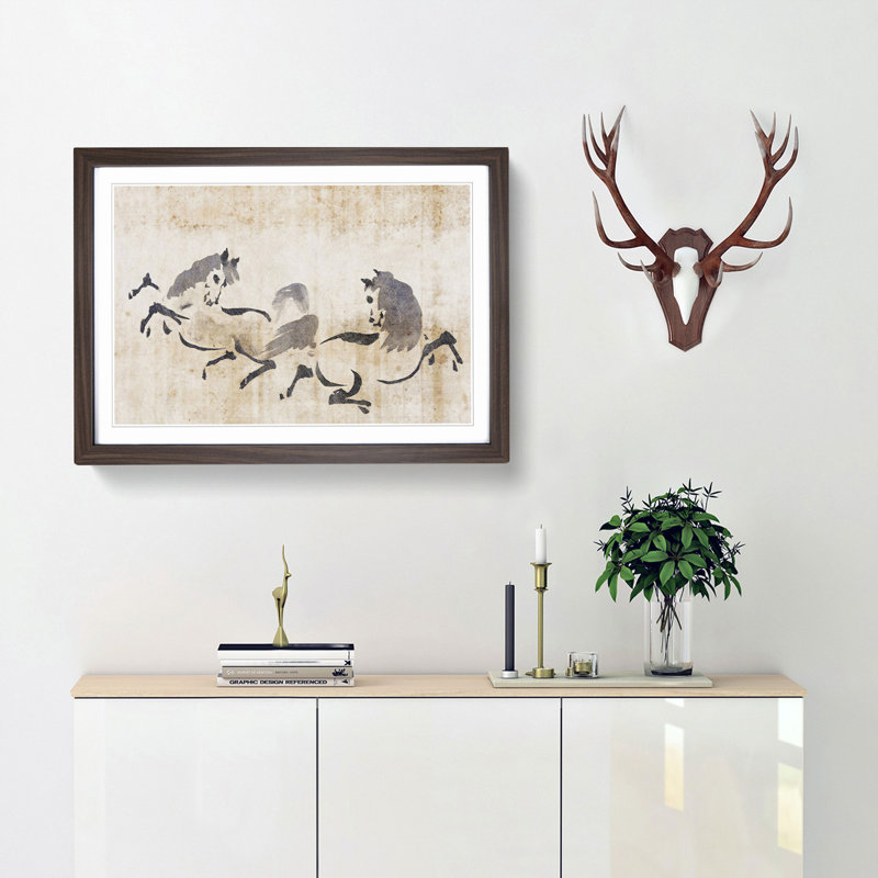 Two Horses Playing by Kano Tan'yu - Picture Frame Painting Print, 48cm H x 65cm W x 2cm D, Walnut Framed