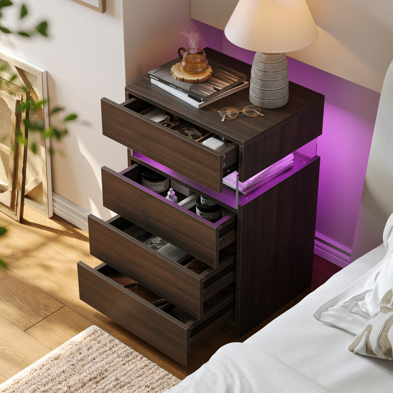 Led Nightstand With 4 Drawers - More Capacity Storage, Brown