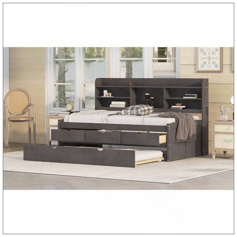 Twin Size Wooden Captain Bed With Built-In Bookshelves,Three Storage Drawers And Trundle, Antique Brown