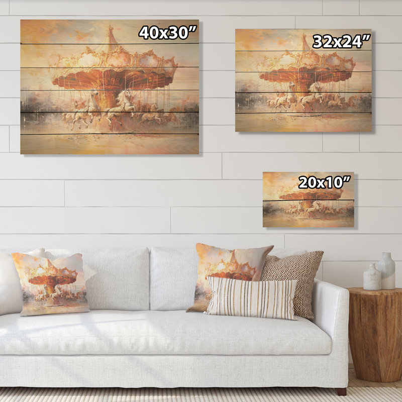 Carousel In Sunset Charm I - Carousel Wood, art mural sur bois de pin naturel, H 10 po x l 20 po