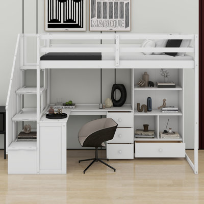 Loft Bed With L-Shaped Desk And Drawers, Cabinet And Storage Staircase