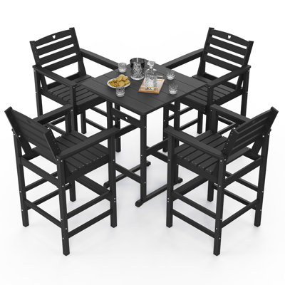 5-Piece Bar Height Outdoor Table and Chairs Set HDPE Wood Grain Patio Bar Table and Chairs with Heart Cutout Design