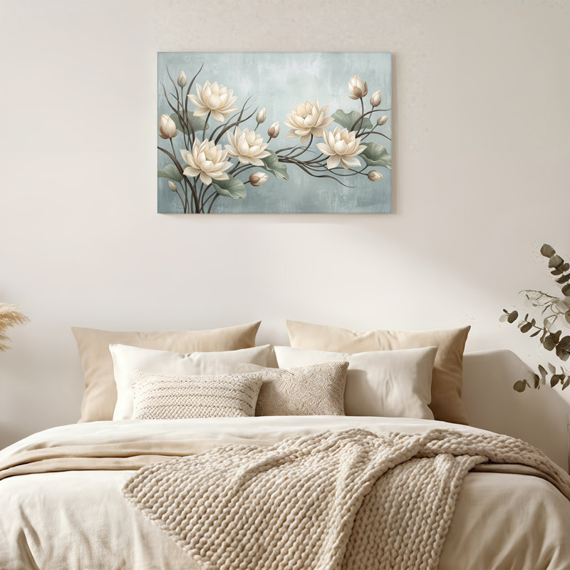 White Lotus Flowers Green Leaves Blue Background Canvas Wall Art, H 16 po x l 24 po