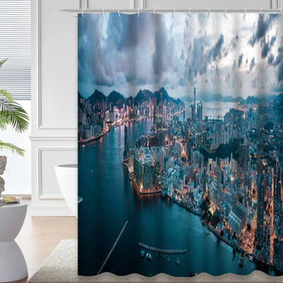 City Skyline Night Island Building Shower Curtain with 12 Hooks