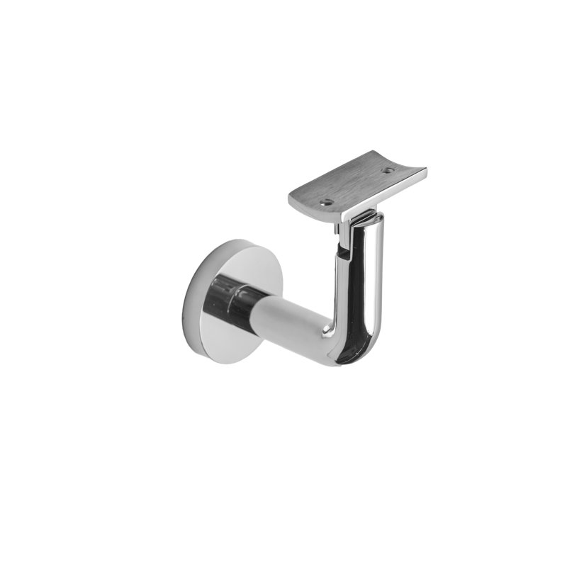 Glass Mount Handrail Bracket with Round Rose and Flat Plate, Polish Stainless Steel