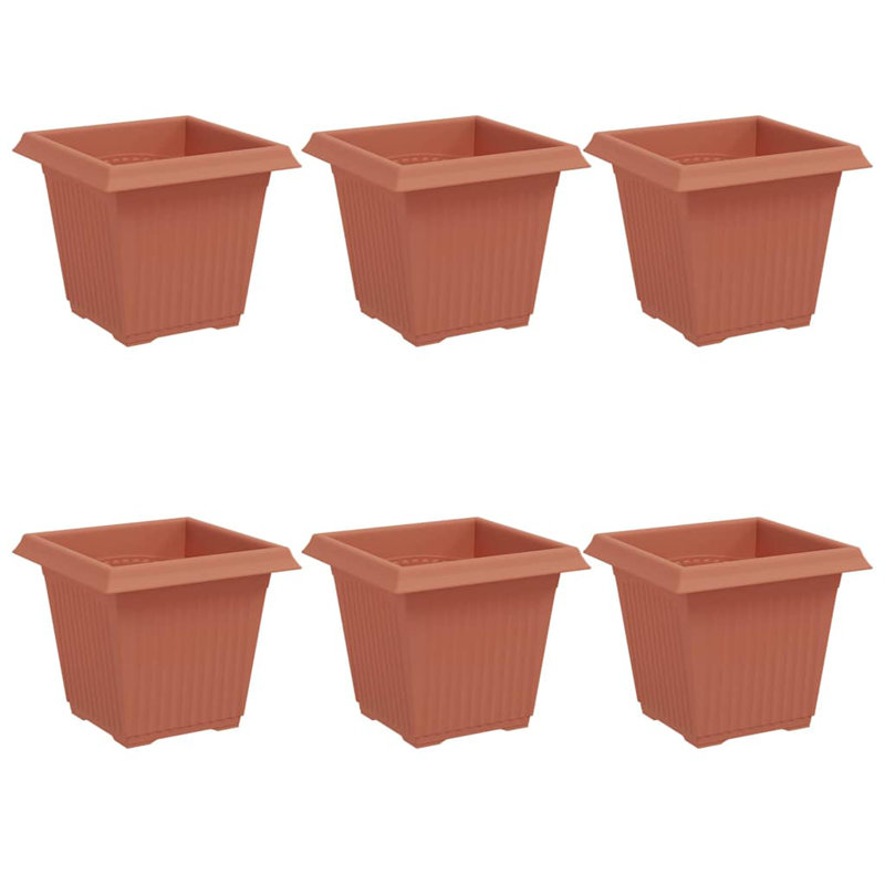  Square Flower Pot 6 Pcs Plastic, Brick Red, 14cm H x 16cm W x 16cm D