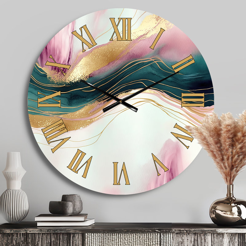 Horloge murale abstraite en marbre rose et vert III, Médium