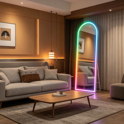 76.7 Inch Arch LED Full Length Mirror With Bluetooth Speaker, RGB Color Changing Modes, Adjustable Brightness, Floor Standing Mirror With White Frame For Bedroom, Living Room, Dressing Room