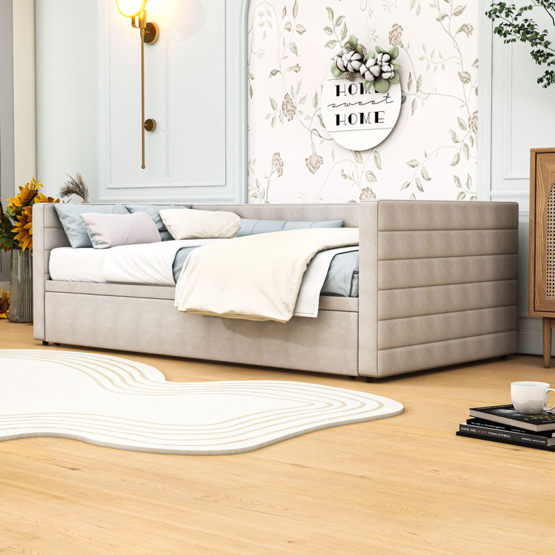 Structure de lit de jour simple rembourrée avec couchette, Beige