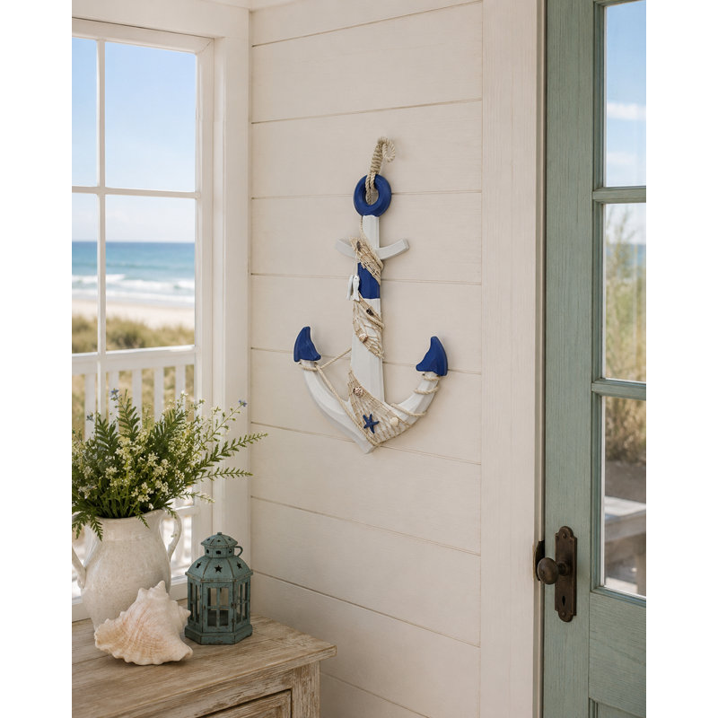 Décoration ancre-résille-étoile de mer et coquillages suspendus, H 24,4 po x l 0,8 po x P 15,7 po, Blanc-bleu