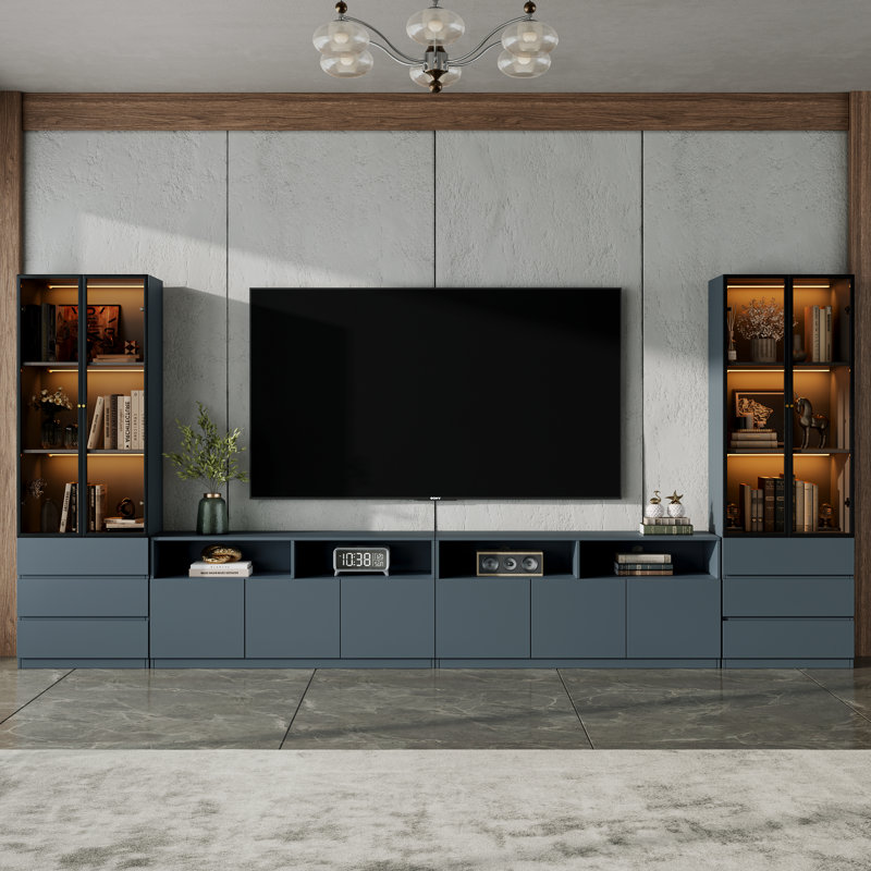 Meuble télé Crafton avec centre de divertissement modulaire de 141,7 po avec bibliothèque pour téléviseur de 100 pouces, ensemble d'armoire de rangement moderne en bois avec console média extra longue et bibliothèque à lumières