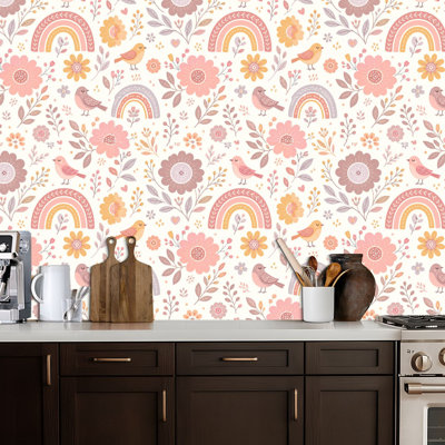 Peel and Stick Wallpaper Pink floral rainbow flower baby drawing seamless birds Contact Paper Removable Self Adhesive Wall Mural Wall Decor for Bedroom Kitchen Cabinets 17.7in x 118in