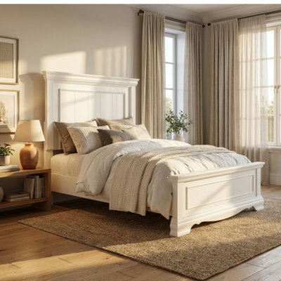 Twin-Size Bed Frame, White Platform Bed, Exquisite Paneling Details, Solid Wood Frame, Modern Farmhouse Style