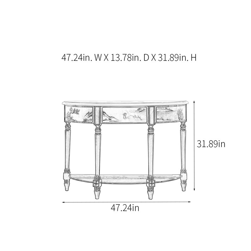 Console demi-cercle dessiné à la main, H 31,89 po x l 47,24 po x P 13,78 po