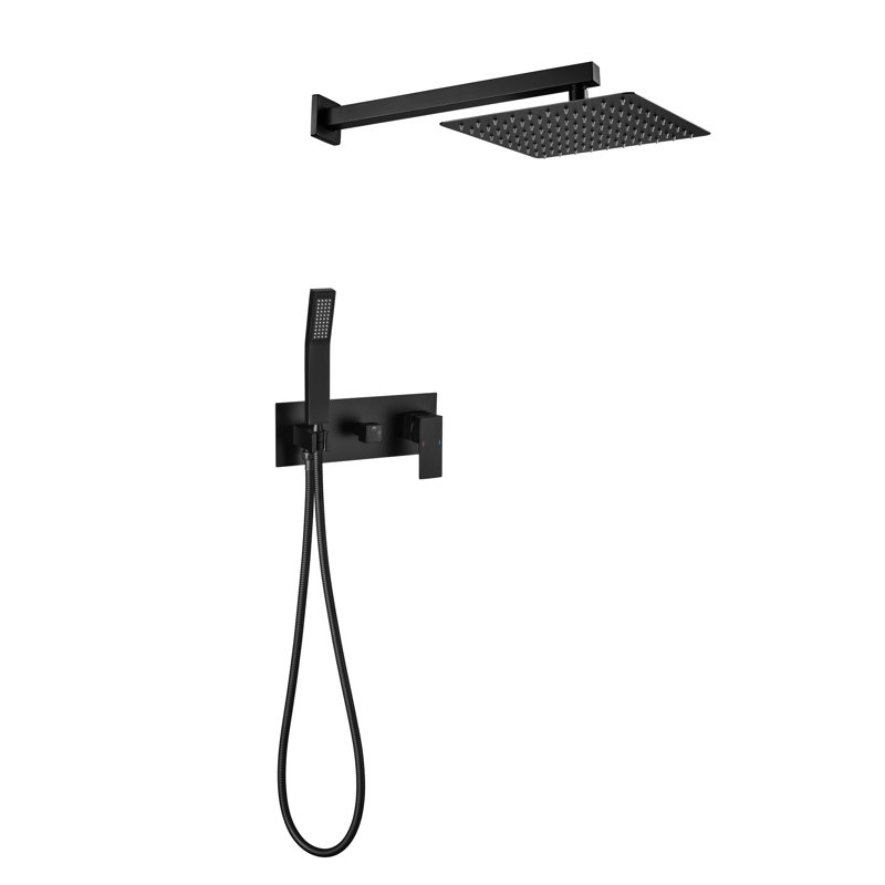 10 Inch Rainfall Shower Kit - Matte Black Brass Bathroom Faucet With Handheld , Luxury Rain Mixer, Wall Mounted, Rough-In Valve And Self-Cleaning Nozzle Included Head , Included,