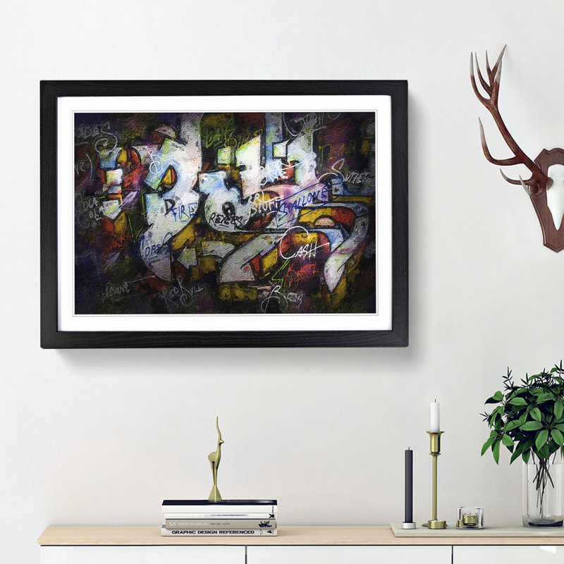 Multi-Coloured Wall Graffiti - Picture Frame Painting Print, 48cm H x 65cm W x 2cm D, Black Framed