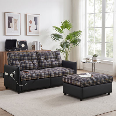 Canapé-lit convertible en velours de 177 cm (69,7 po), canapé-lit 3 en 1 avec pouf et rangement, futon d'angle multifonctionnel avec ports de chargement USB pour petits espaces de salon