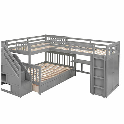 Lit superposé simple en forme de L simple avec 3 tiroirs, bureau portable et garde-robe, gris (ANCIEN SKU: LT100542AAE)
