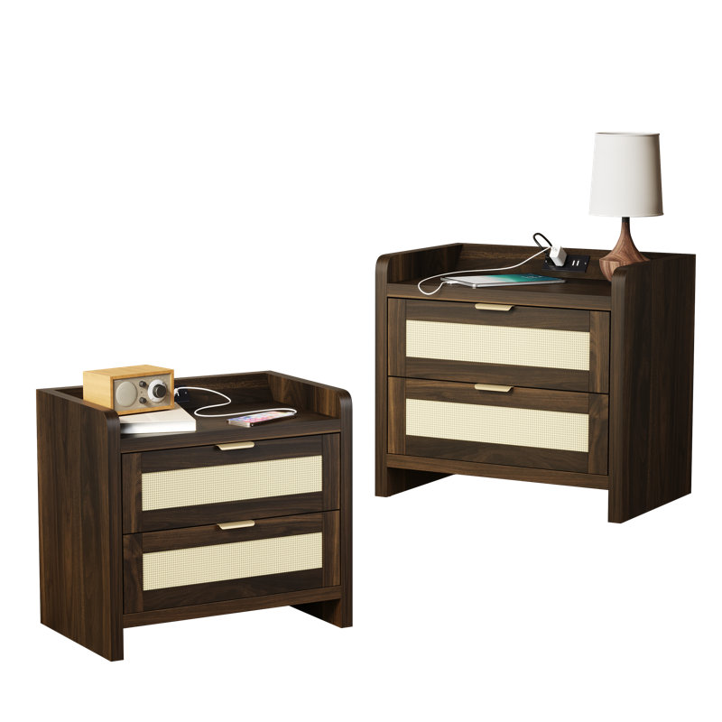 Ensemble de table de chevet moderne en bois à 2 tiroirs avec port de charge intégré, Brun