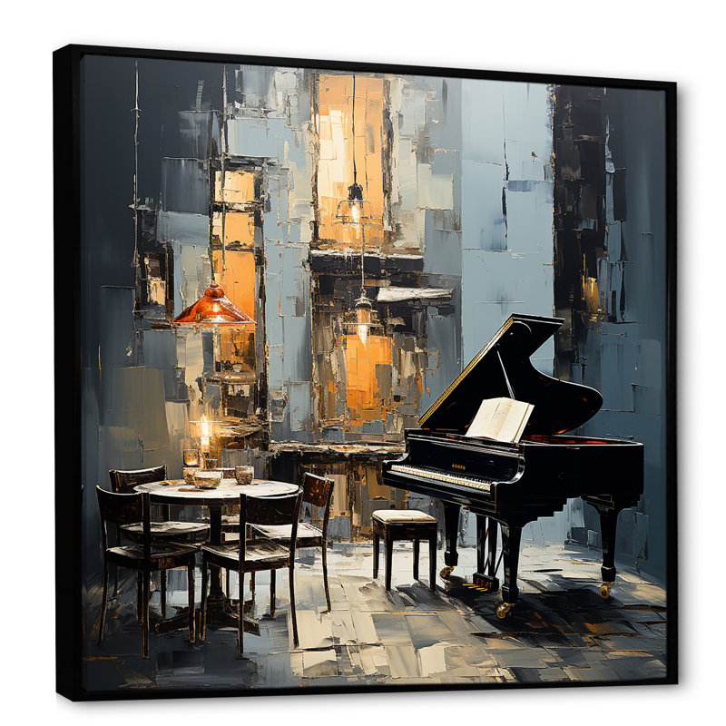 Jaune et gris Grand Piano Jazz Cafe III - Piano, art mural, Cadre flottant noir, H 30 po x l 30 po x P 1,5 po