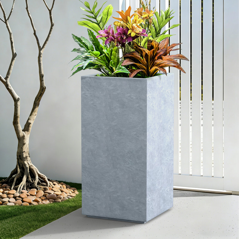 13.5" W x 27.5" H Large Concrete Rectangular Flower Planter Indoor Outdoor Plant Pot with Drainage Holes, Slate Gray