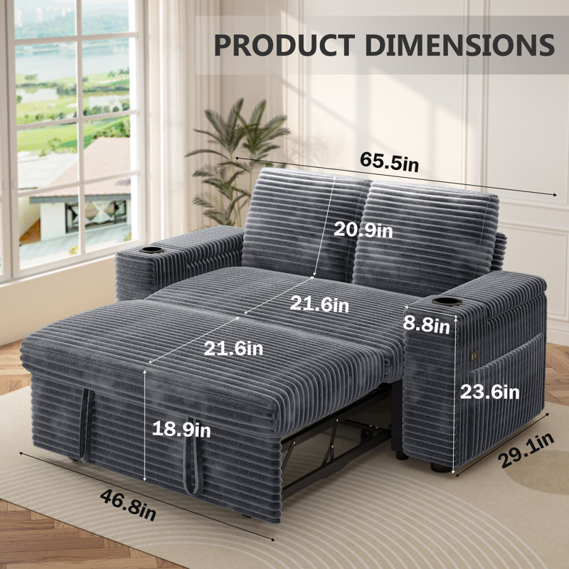 65 Inch Convertible Sofa Bed With Pull-Out Sleeper, Corduroy Fabric, Adjustable Backrest, Hidden Storage Armrests With Cup Holders, Side Table & Charging Port