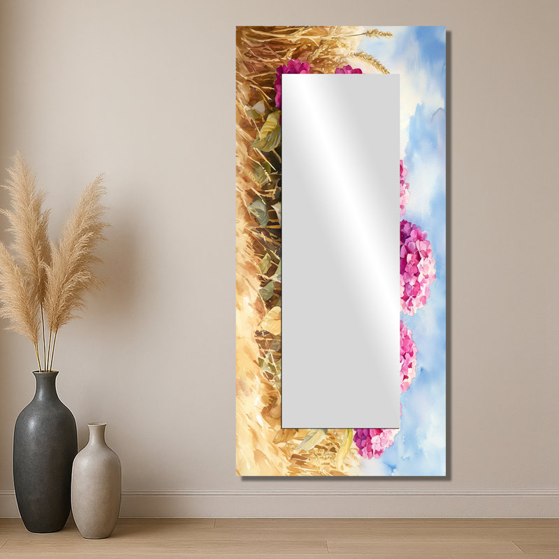 Hydrangeas in the Grain Field II - Art mural miroir floral - imprimé sur métal, 28 po x 60 po