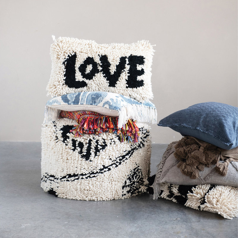 Woven Wool Shag Lumbar Pillow with "Love" Design