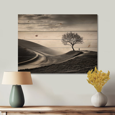 Black And White Solitude Tree Photography - Tree Wood Wall Art On Natural Pine Wood