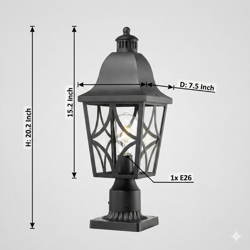 Ensemble de deux lampadaires d'extérieur avec un boîtier en aluminium imperméable et un abat-jour en verre, conçus pour l'éclairage de poteaux de clôture ou de terrasse dans les jardins, les patios et les allées.