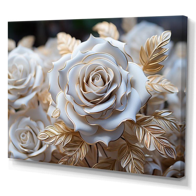 «White and Gold Rose Passion - Roses», reproduction sur toile encadrée, H 34 po x l 44 po x P 1,5 po, Toile tendue