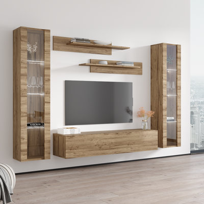 Villasenor 100" Modern Floating Wall Mounted Entertainment Center with 16-Color LED Lighting, High Gloss Finish