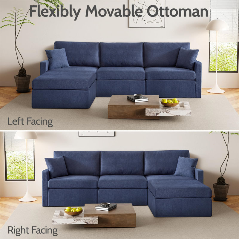 WEUP 113" Modular Sectional Sofa With Storage Ottoman, 4 Seat Sofa Set With Two Pillows Included, Blue