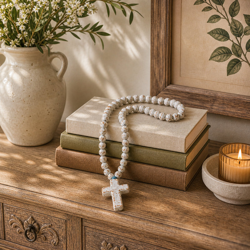 Natural, Hand Fired Clay Rosary With Cross, 22" H x 3" W x 1" D, White