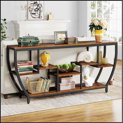 70.9” Industrial Console Sofa Table with 7-Tier Storage Shelves, Extra Long Entryway Table for Living Room and Hallway, Rustic Brown TV Stand with Metal Frame