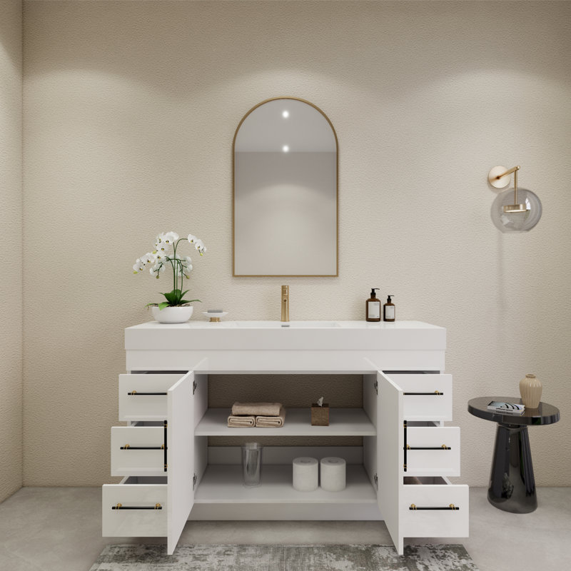 Ensemble de meuble-lavabo simple 59 "avec tiroirs et portes, Blanc lustré
