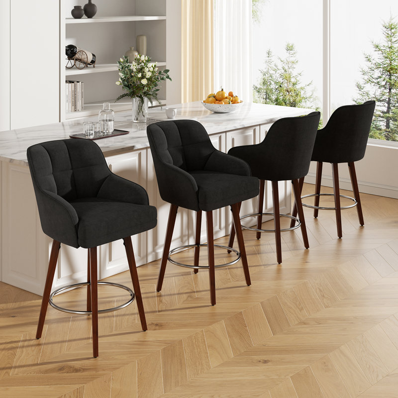 Modern Swivel Bar Stool With Backrest, Armrests And Wood Legs - Counter Height Chair For Kitchen Island, Black, 6