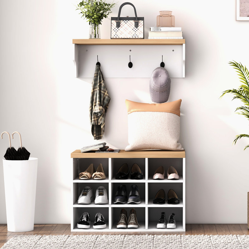 21 Coat Rack And Shoe Bench , 9 Pair Storage Cabinet With Hall Tree For Modern Entryway, Hallway, , Bedroom Organizer, White, Space Design, , Solid Structure, Assembly Required Tree, Storage,