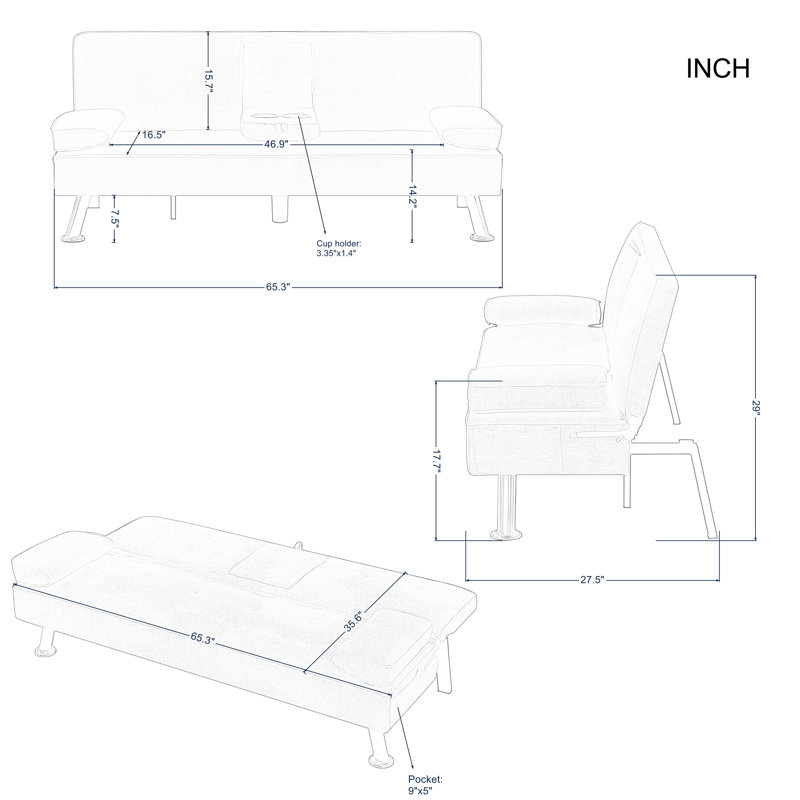 Ebern Designs 65.3” Futon Sleeper Sofa Bed,Removable Arm Pad, Dark Grey